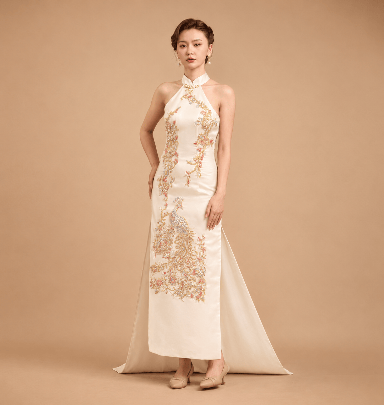 Beth and Brian Qipao - Exclusive Exclusive designer collection | Red Peacock Embroidery Halter Long Qipao – Train & No-Train Styles