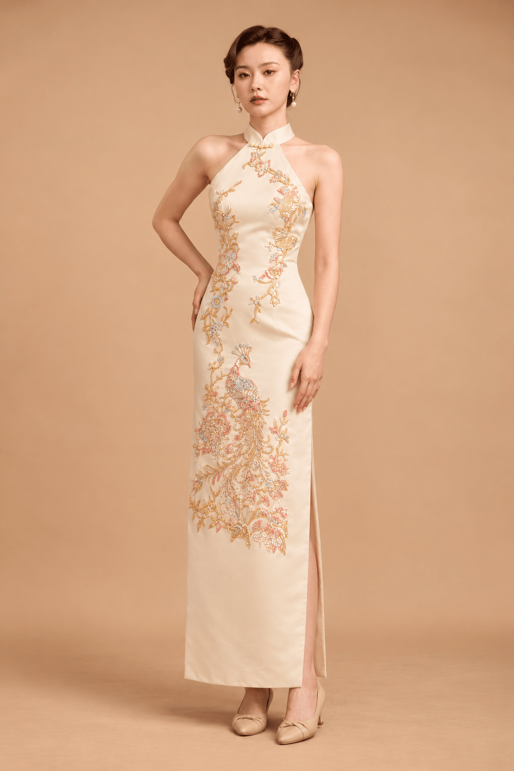 Beth and Brian Qipao - Exclusive Exclusive designer collection | Red Peacock Embroidery Halter Long Qipao – Train & No-Train Styles