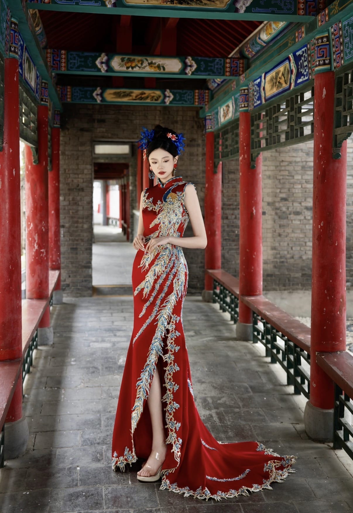 Beth and Brian Qipao- FXXZ Bespoke Red Peacock Hand-Embroidered Bridal Cheongsam Gown
