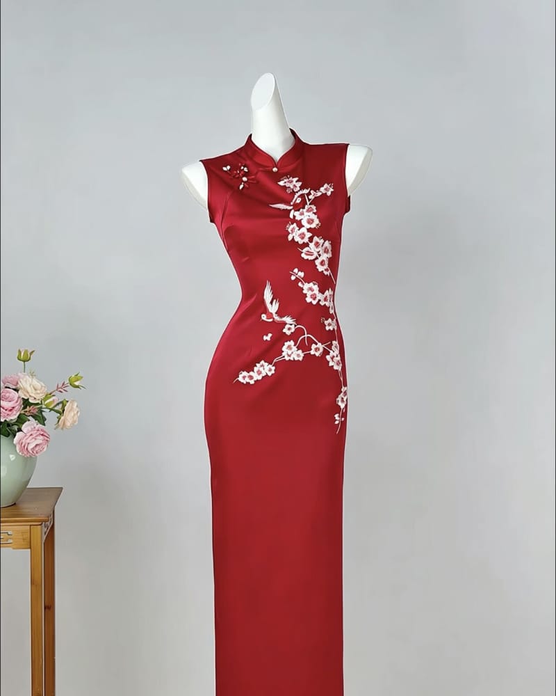 Beth and Brian Qipao-DYC Red Floral Bird Embroidery Satin Cheongsam