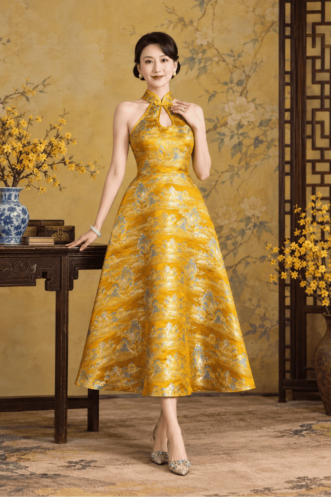 Beth and Brian Qipao-Exclusivedesigner Exclusive Designer Collection | Thousands of Miles of Mountains and Rivers Brocade Midi Qipao