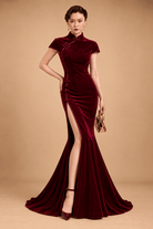 Beth and Brian Qipao - Exclusive Exclusive Designer Velvet Cheongsam – Black & Burgundy, Mini & Fishtail