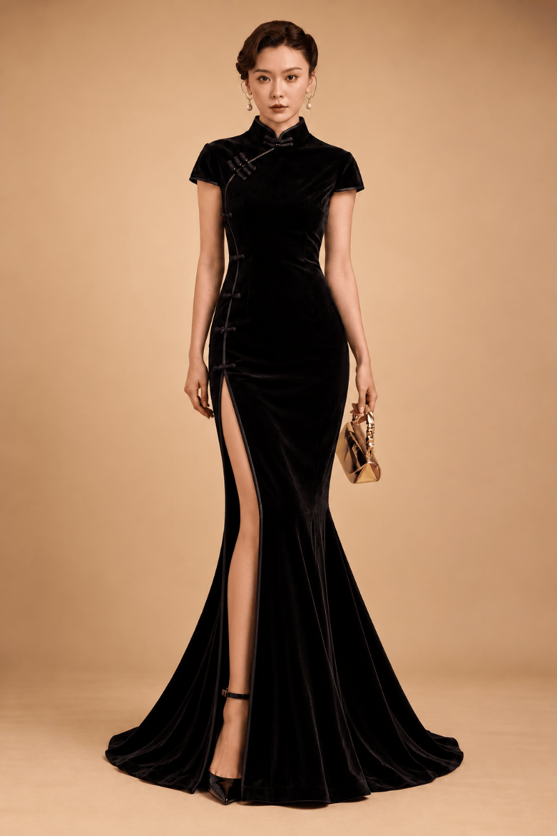 Beth and Brian Qipao - Exclusive Exclusive Designer Velvet Cheongsam – Black & Burgundy, Mini & Fishtail