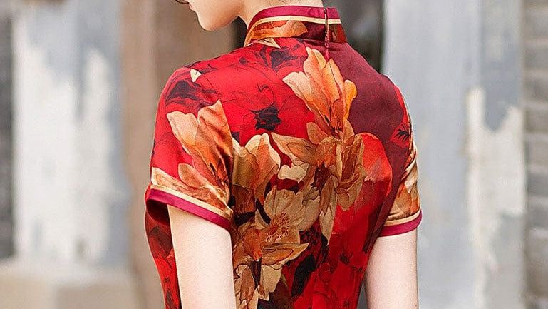 Beth and Brian Qipao-HQ 19 mome mulberry silk, floral pattern, high-end long Qipao