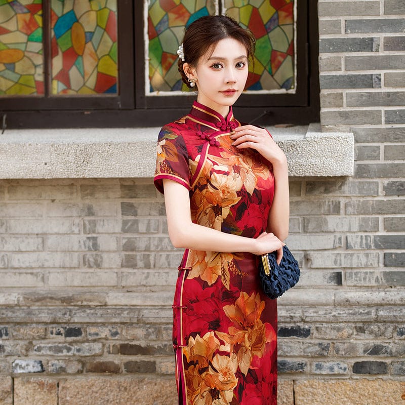 Beth and Brian Qipao-HQ 19 mome mulberry silk, floral pattern, high-end long Qipao