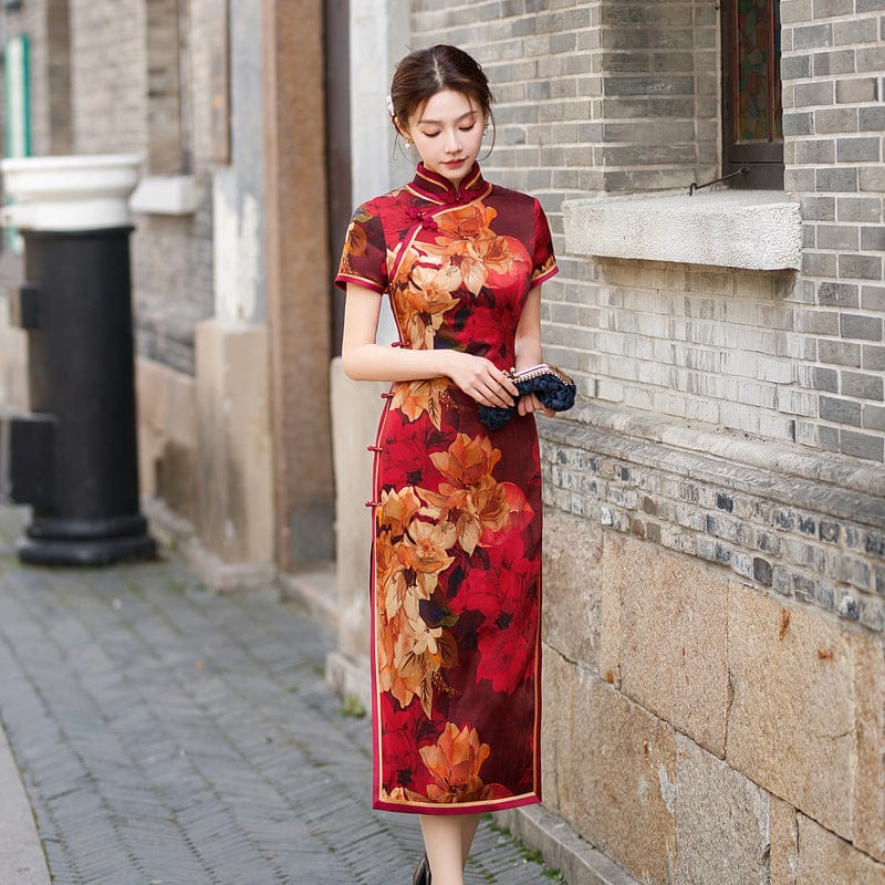 Beth and Brian Qipao-HQ 19 mome mulberry silk, floral pattern, high-end long Qipao