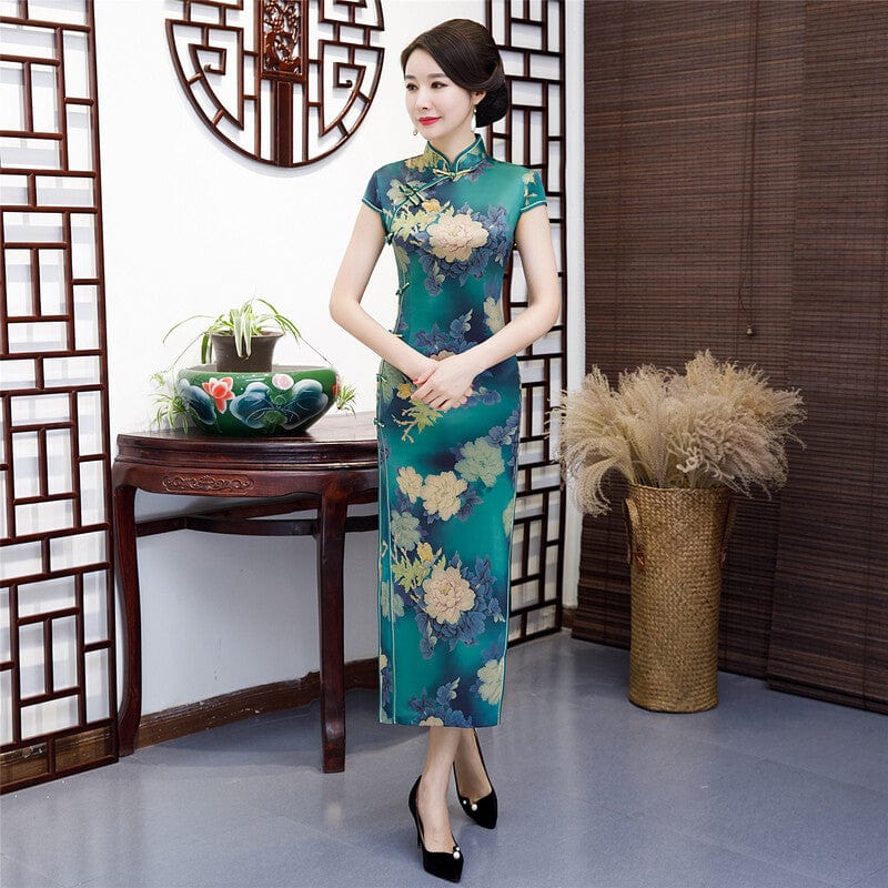 Beth and Brian Qipao-KY Classic Chinese style, floral pattern, silk long Qipao