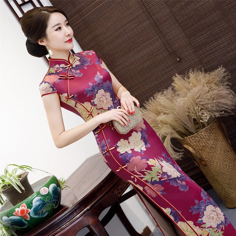 Beth and Brian Qipao-KY Classic Chinese style, floral pattern, silk long Qipao