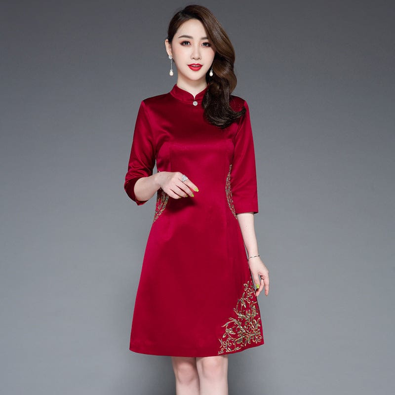 Beth and Brian Qipao -TQ Spring and fall collection, A line, wedding wine red Qipao
