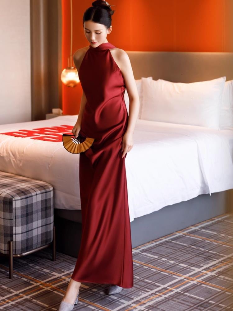 Beth and Brian Qipao-MY New Chinese style (新中式), wedding wine red long Qipao