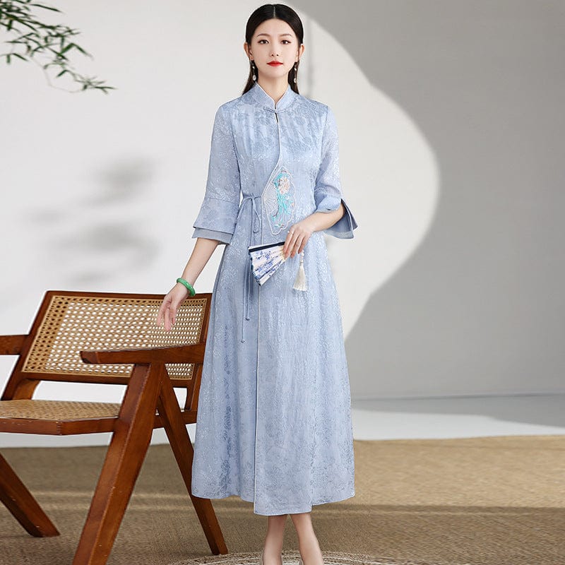 Beth and Brian Qipao-FLZD Floral embroidery, A-Line, blue long Qipao