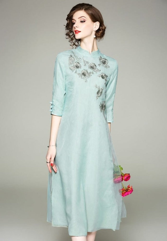 Beth and Brian Qipao-DEO Floral embroidery, organza fabric midi Qipao