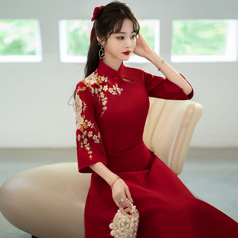 Beth and Brian Qipao-SW Floral embroidery, A line, burgundy plus size Qipao