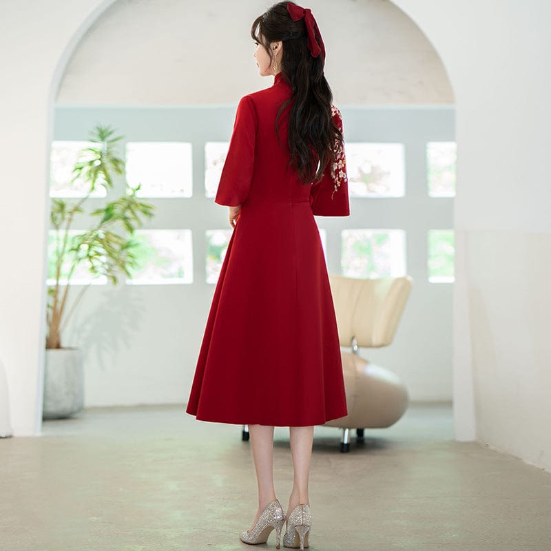 Beth and Brian Qipao-SW Floral embroidery, A line, burgundy plus size Qipao