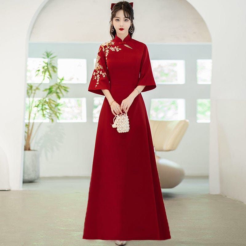 Beth and Brian Qipao-SW Floral embroidery, A line, burgundy plus size Qipao