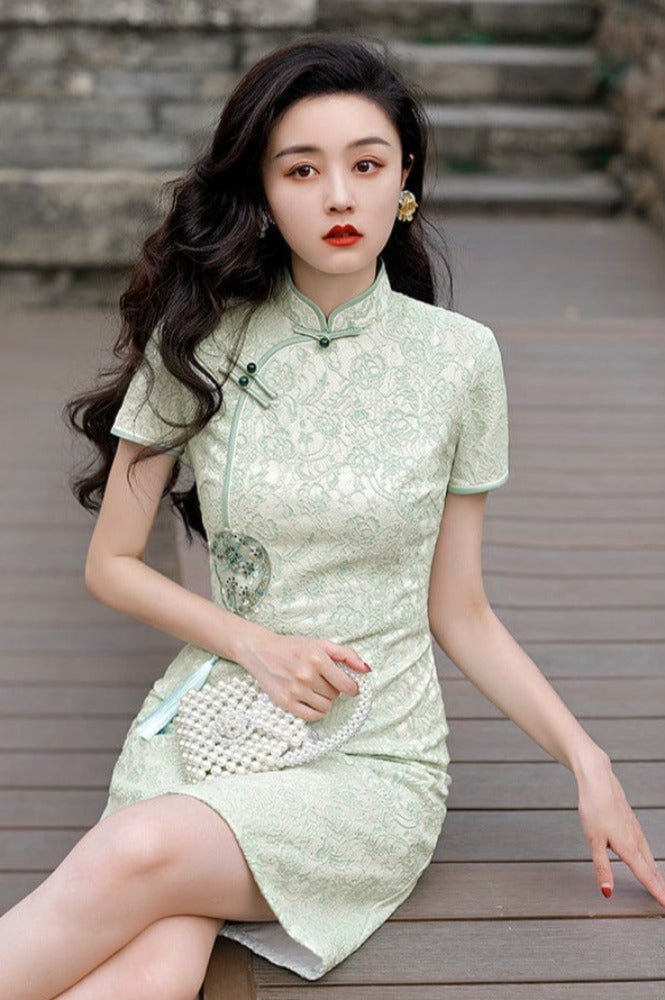 Beth and Brian Qipao-MLS pring and summer collection, floral pattern lace short Qipao