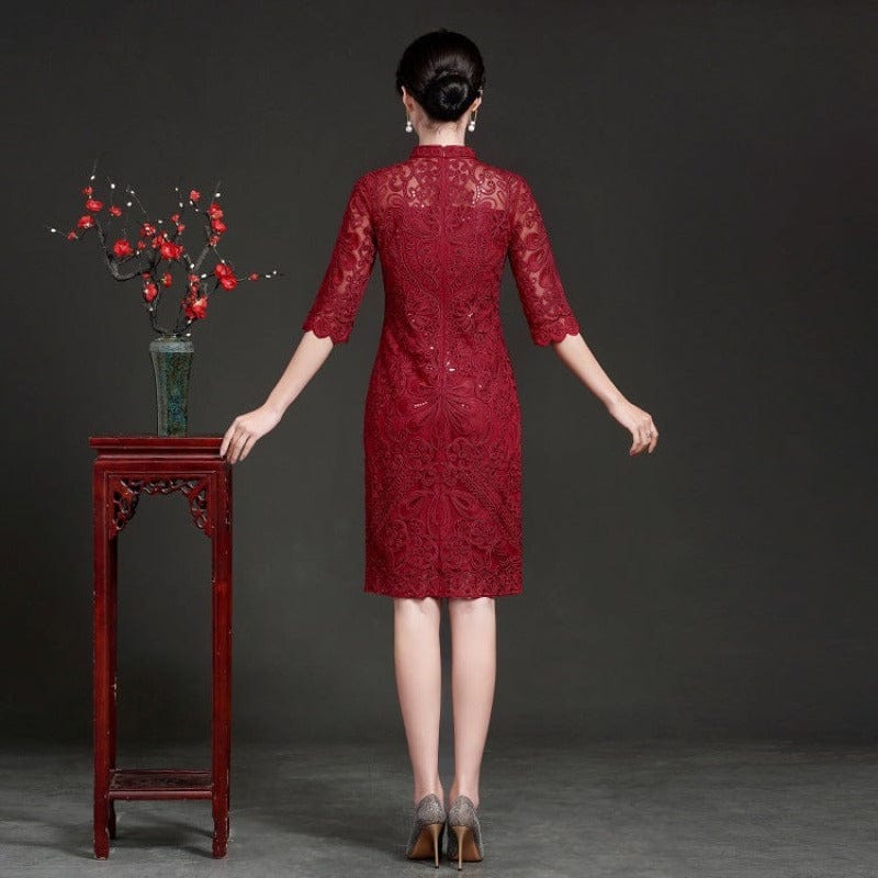Beth and Brian Qipao -TQ Floral embroidery, mid-length, lace Qipao for mothers