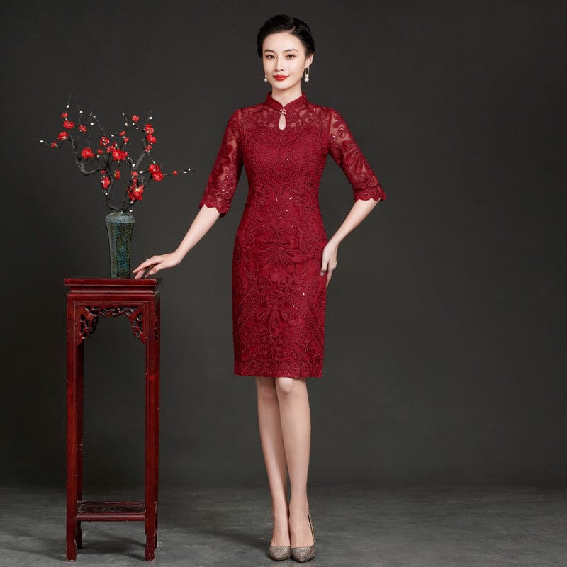 Beth and Brian Qipao -TQ Floral embroidery, mid-length, lace Qipao for mothers