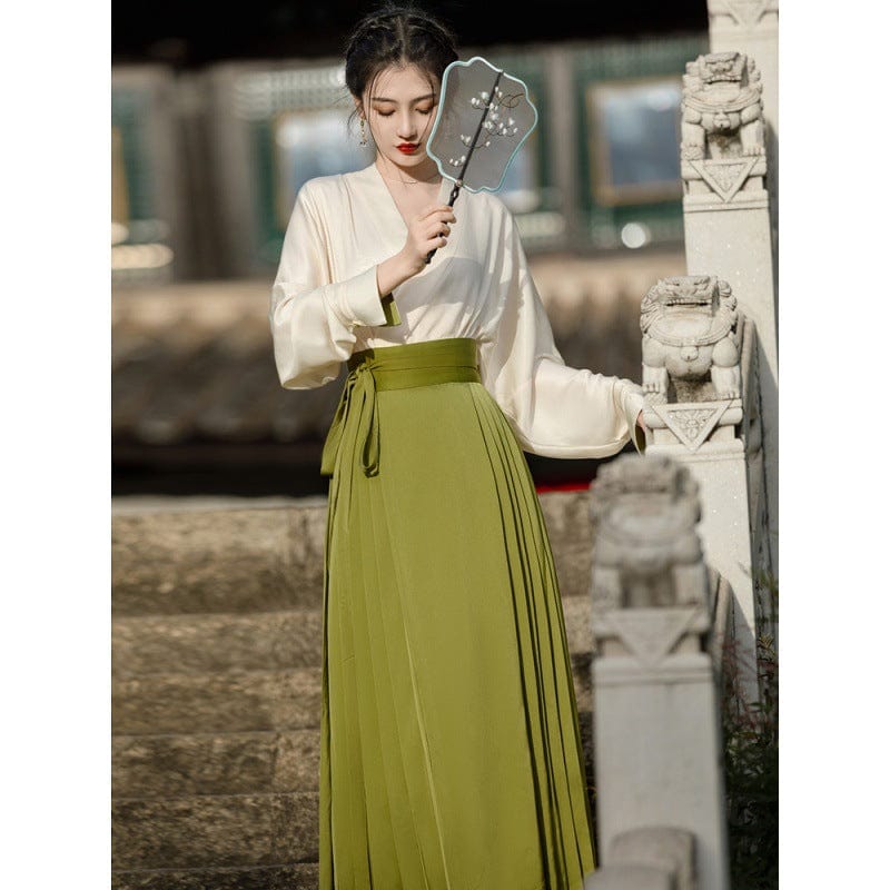 Beth and Brian Qipao-ARS New Chinese style ( 新中式 ), beige and green long Hanfu Mamianqun