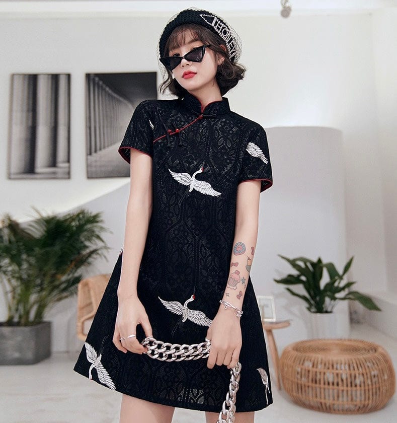 Beth and Brian Qipao - MLS Crane pattern, A line, loose fitting lace short Qipao