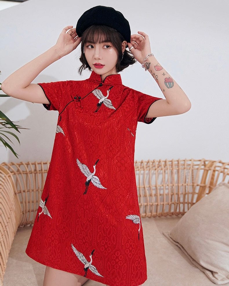 Beth and Brian Qipao - MLS Crane pattern, A line, loose fitting lace short Qipao