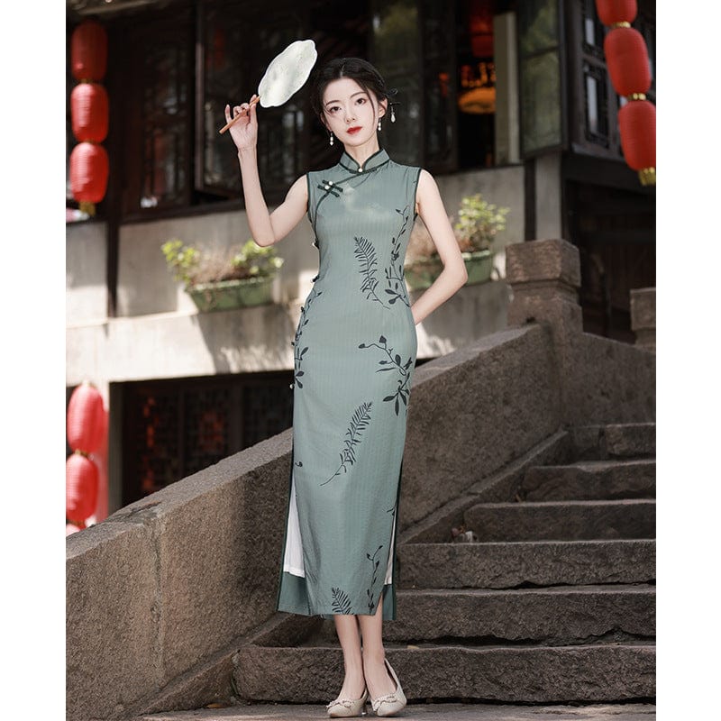 Beth and Brian Qipao - LSB Leaf pattern, green midi Qipao