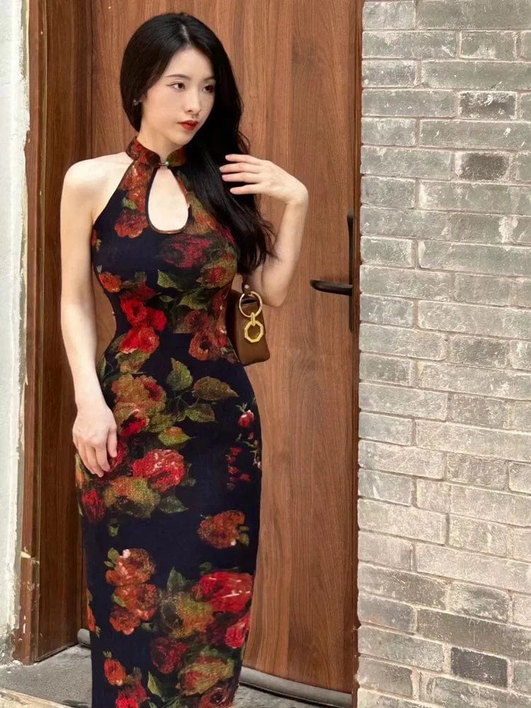 Beth and Brian Qipao-SY New Chinese style (新中式), floral pattern, dark blue midi Qipao