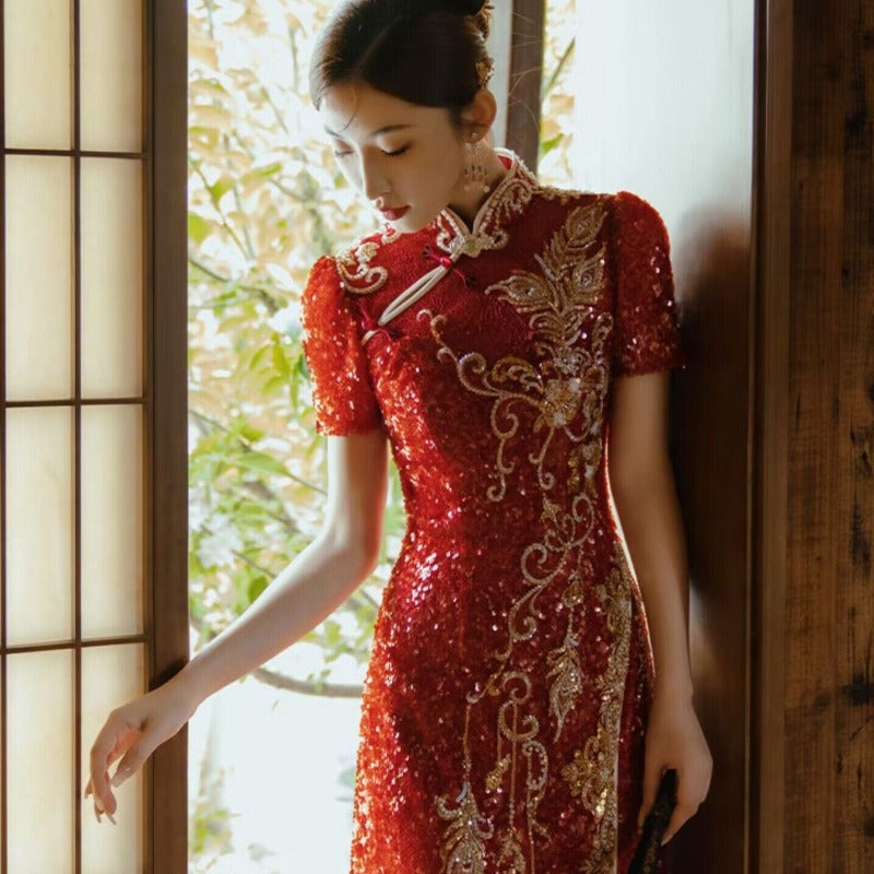 Beth and Brian Qipao-ASN Floral embroidery, high end, wedding floor length Qipao