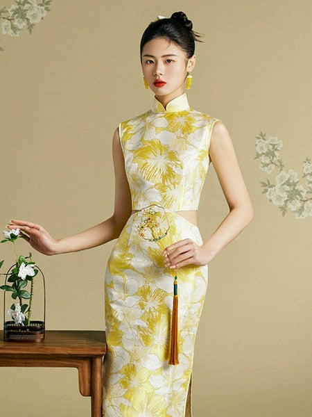 CIVASAN シバサン 新中式 Qipao, 新中式 Cheongsam, Chinese Qipao, yellow midi