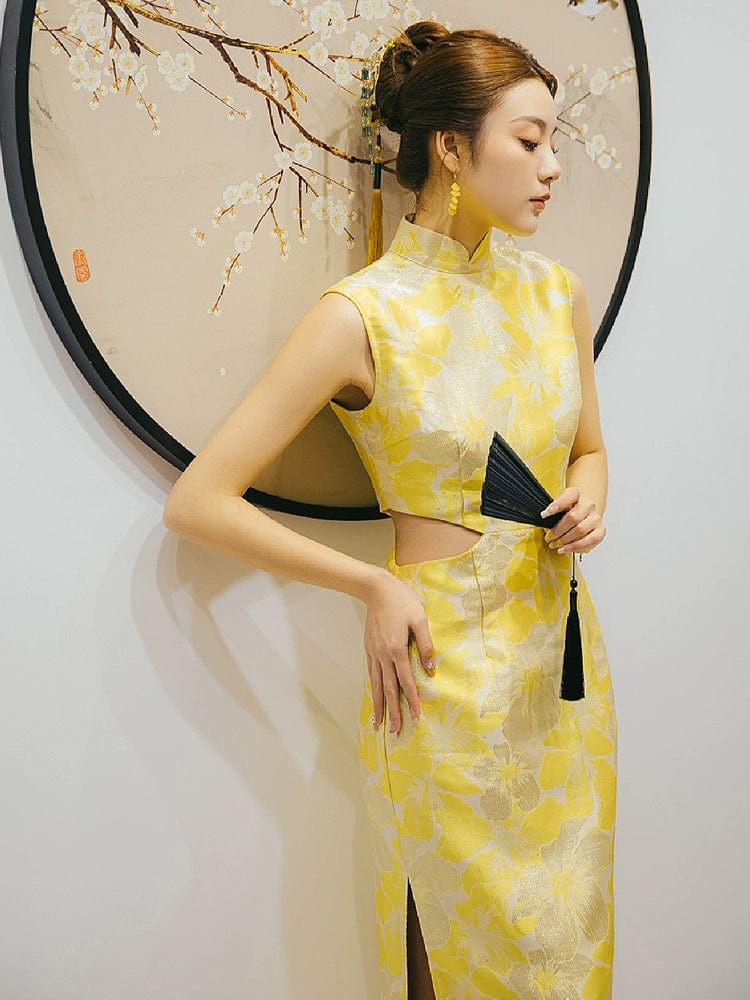 Beth and Brian Qipao-FT New Chinese style (新中式), jacquard yellow midi Qipao