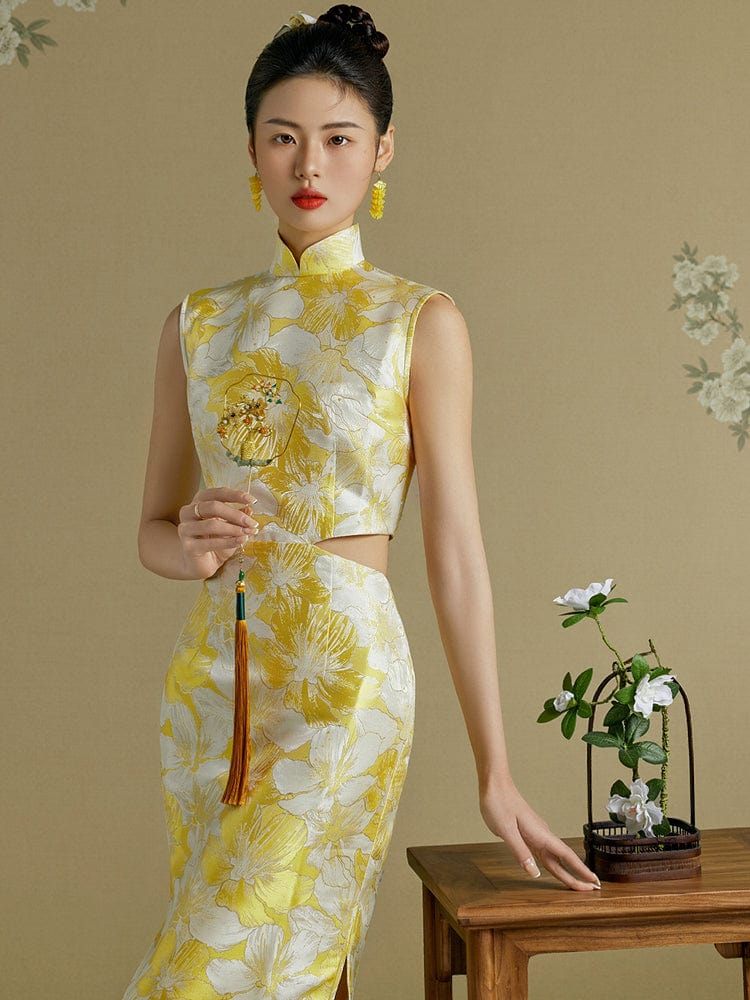 Beth and Brian Qipao-FT New Chinese style (新中式), jacquard yellow midi Qipao