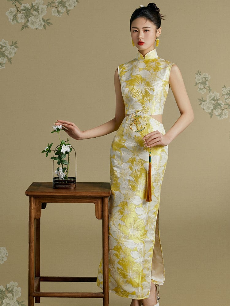 Beth and Brian Qipao-FT New Chinese style (新中式), jacquard yellow midi Qipao