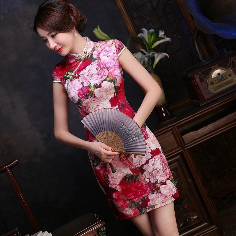 Beth and Brian Qipao-JC 19 mome mulberry silk, floral pattern, high-end short Qipao