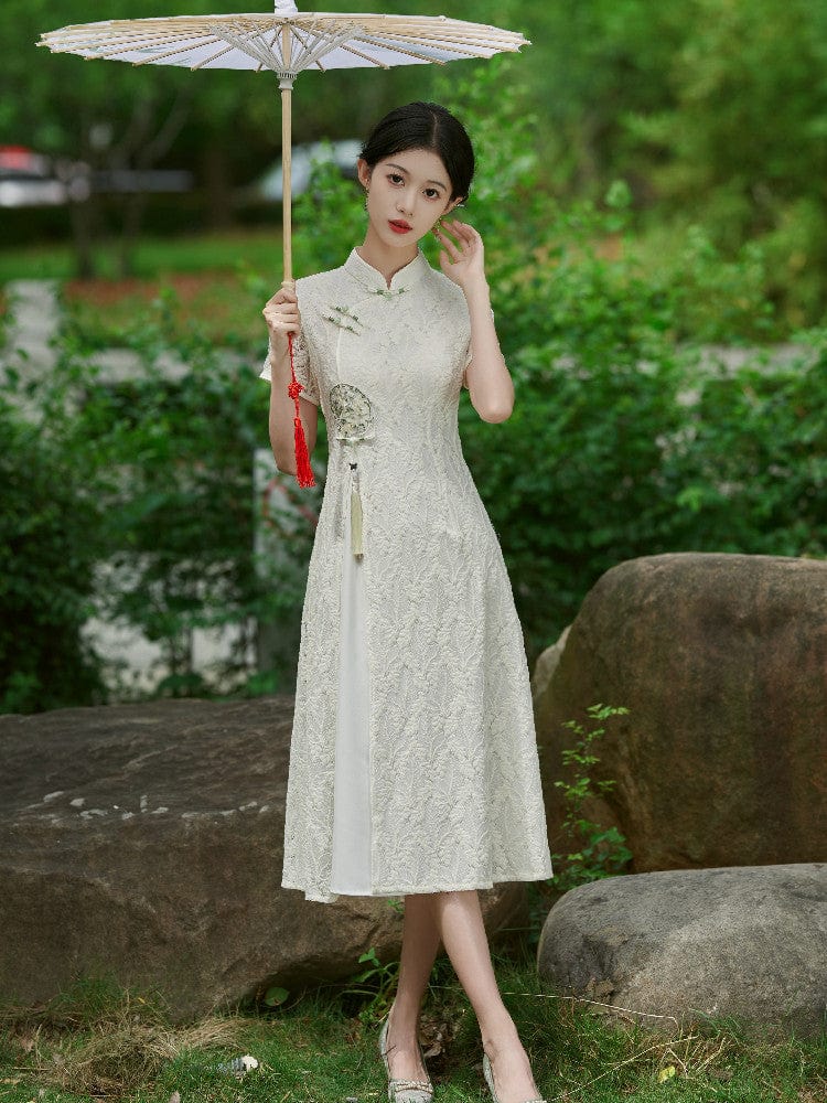 Beth and Brian Qipao- YT Summer collection, pink&beige mid-length Ao dai