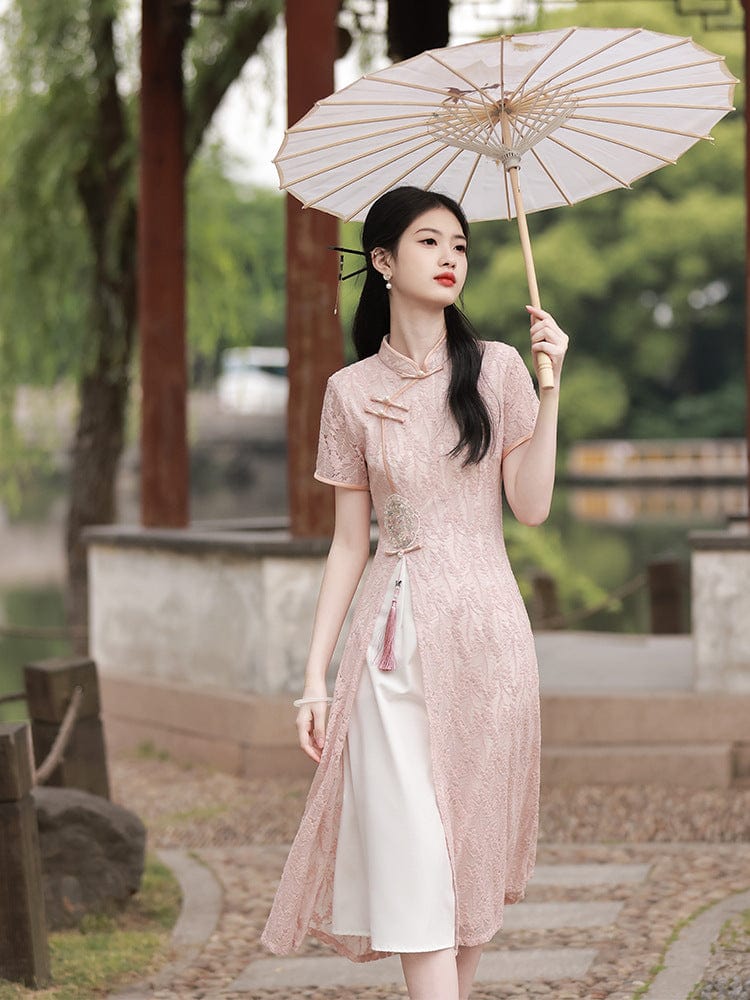 Beth and Brian Qipao- YT Summer collection, pink&beige mid-length Ao dai
