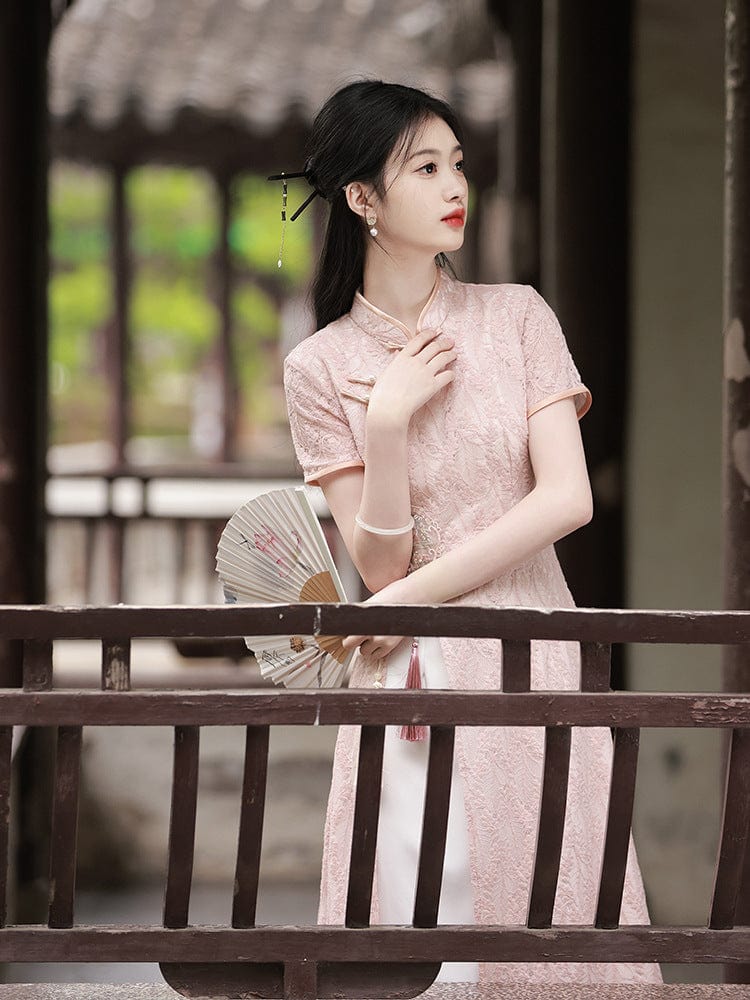 Beth and Brian Qipao- YT Summer collection, pink&beige mid-length Ao dai