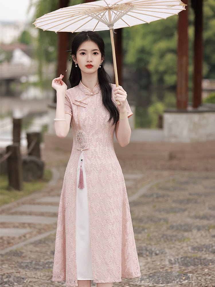 Beth and Brian Qipao- YT Summer collection, pink&beige mid-length Ao dai