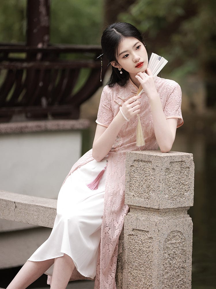 Beth and Brian Qipao- YT Summer collection, pink&beige mid-length Ao dai