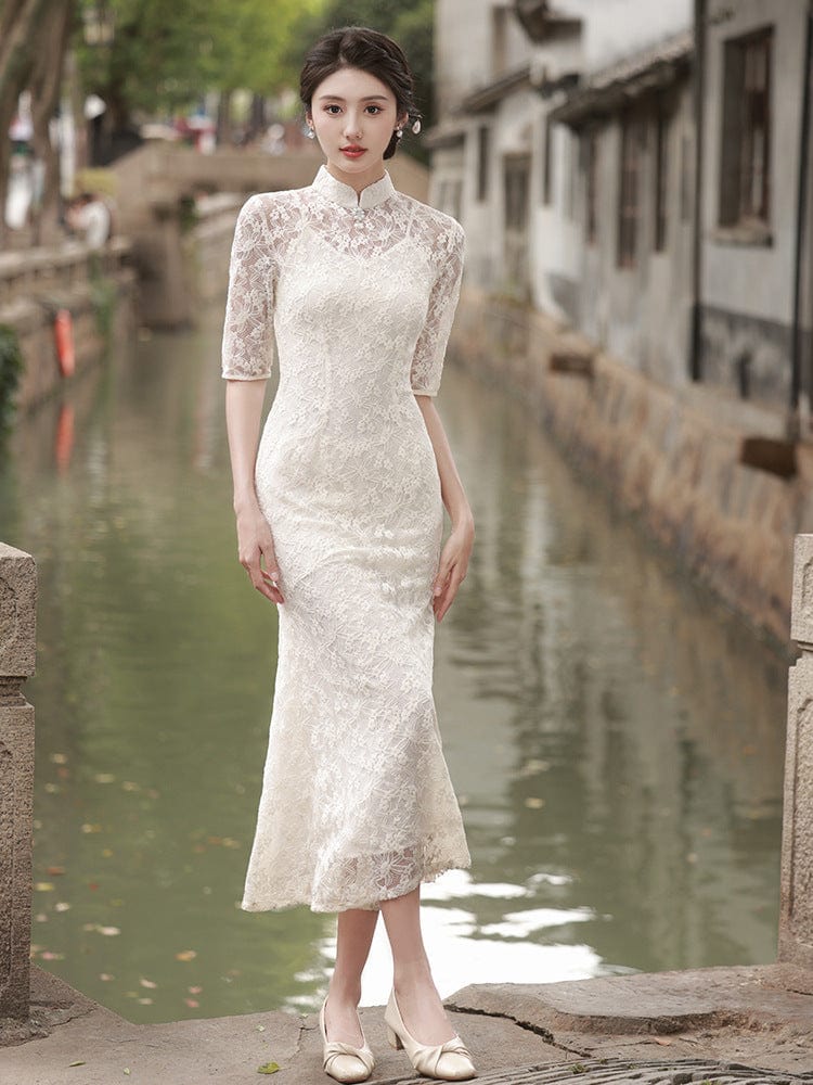Beth and Brian Qipao-HY Spring and Fall collection, lace fabric long Qipao