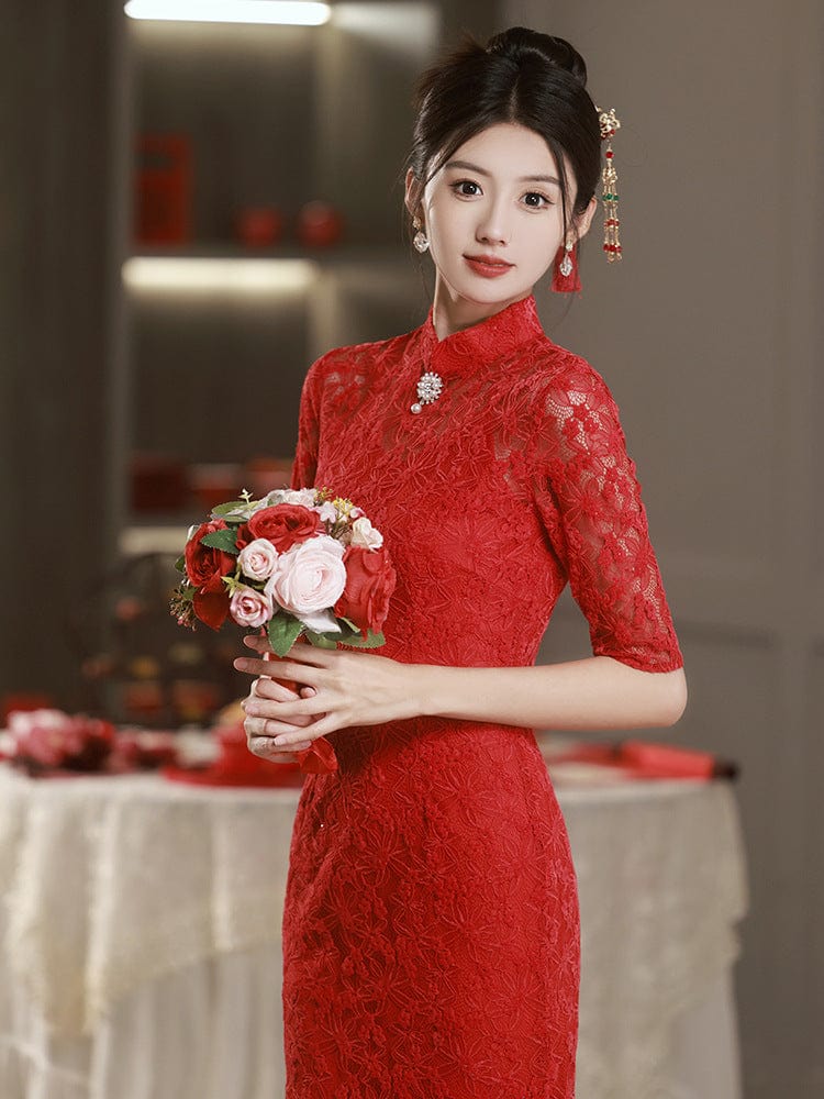 Lace red Qipao, red wedding Cheongsam, Chinese traditional dress – Beth ...