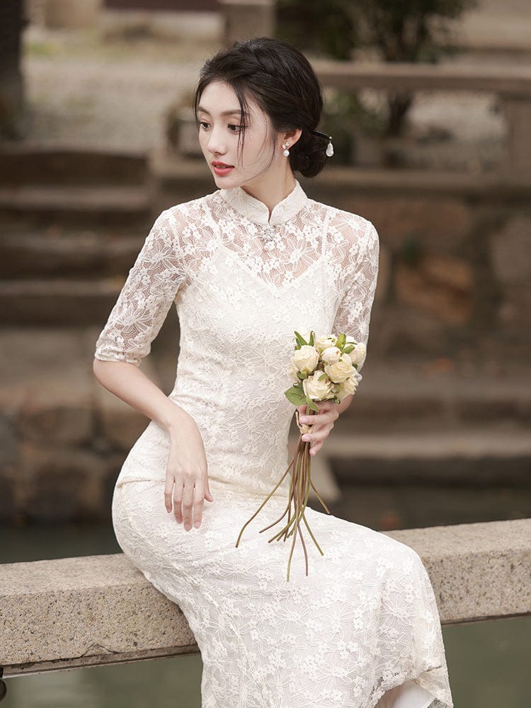 Beth and Brian Qipao-HY Spring and Fall collection, lace fabric long Qipao