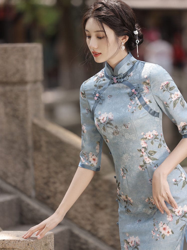 Beth and Brian Qipao-HY Floral pattern, silk fabric long Qipao