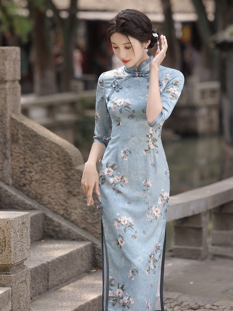 Beth and Brian Qipao-HY Floral pattern, silk fabric long Qipao