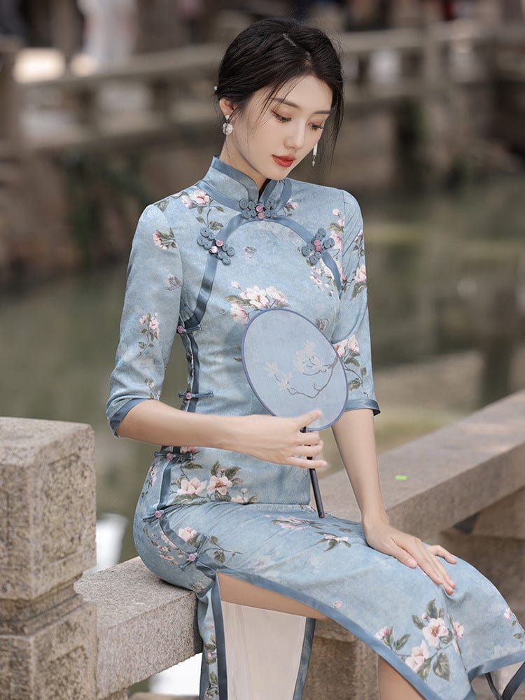 Beth and Brian Qipao-HY Floral pattern, silk fabric long Qipao