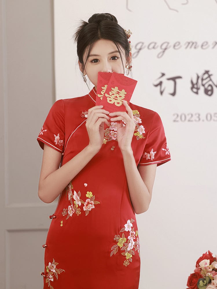 Beth and Brian Qipao-HY Floral pattern, acetate fabric long Qipao