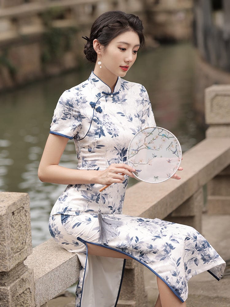 Beth and Brian Qipao-HY Floral print, white long Qipao with short sleeves