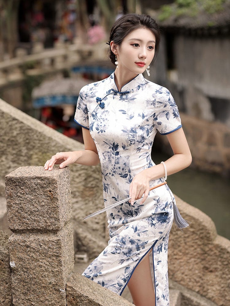 Beth and Brian Qipao-HY Floral print, white long Qipao with short sleeves