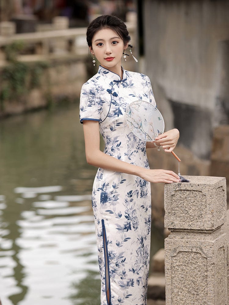 Beth and Brian Qipao-HY Floral print, white long Qipao with short sleeves