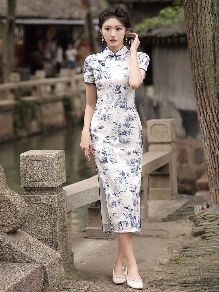 Beth and Brian Qipao-HY Floral print, white long Qipao with short sleeves