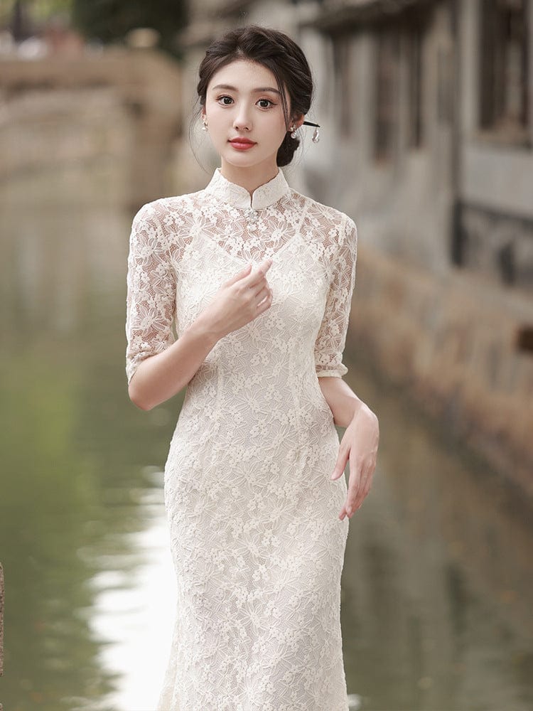 Beth and Brian Qipao-HY Spring and fall collection, lace long Qipao